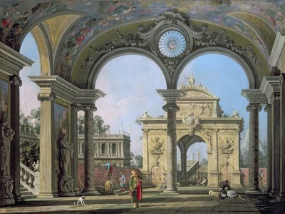 Capriccio van een triomfboog gezien door een sierlijke boog, c.1750 door Giovanni Antonio Canal